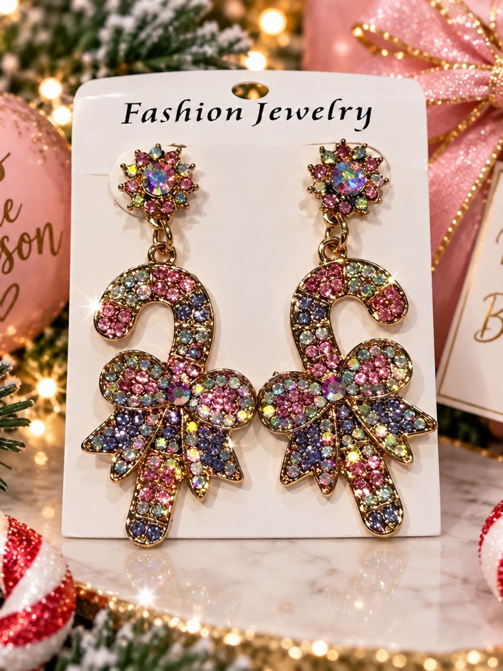New Sparkly Rhinestone Candy Cane Bow Christmas Dangle Earrings